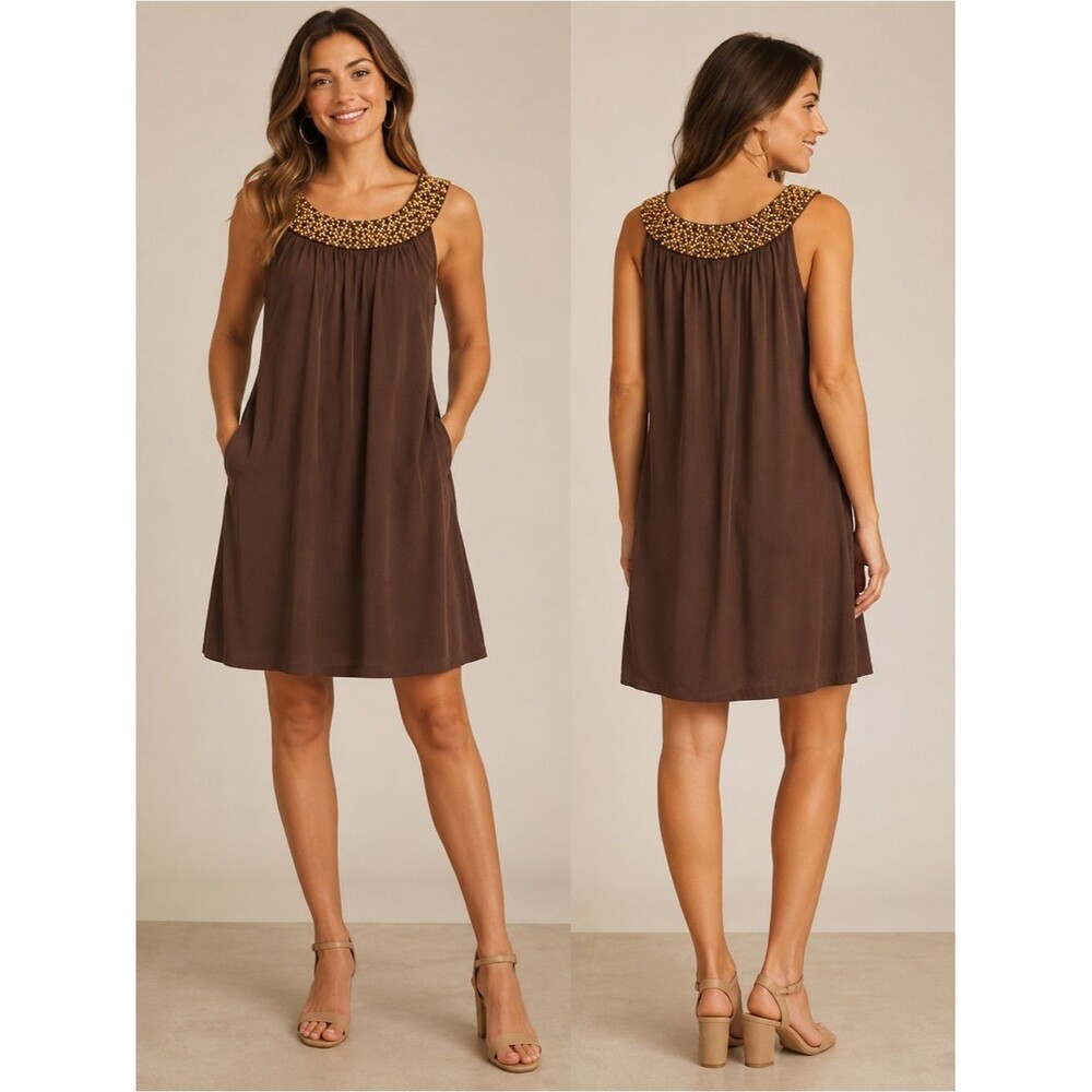 LAUNDRY Women’s Brown Silk Dress with Pockets and  Wooden Bead Detail